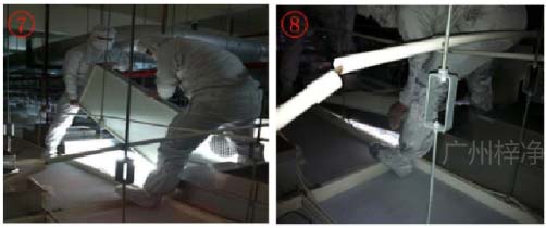 雙手握住高效過(guò)濾器邊框，與天花呈45度，穿過(guò)天花